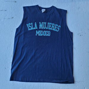 Yazbek Mens Isla Mujeres Mexico Muscle Shirt Sleeveless Navy Blue Tee sz L